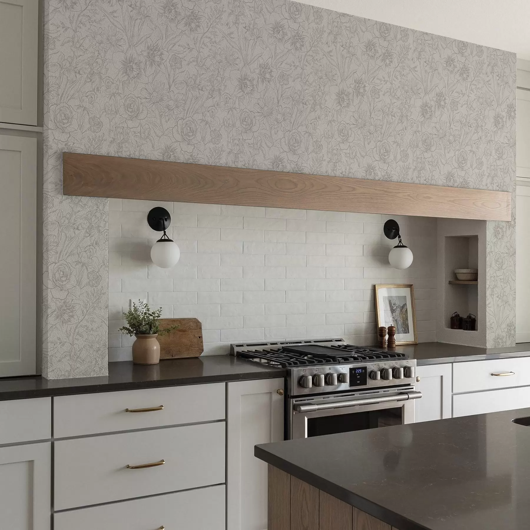 Wall Mural Photo Wallpaper Contour flowers on a cream background, delicate floral pattern a00218