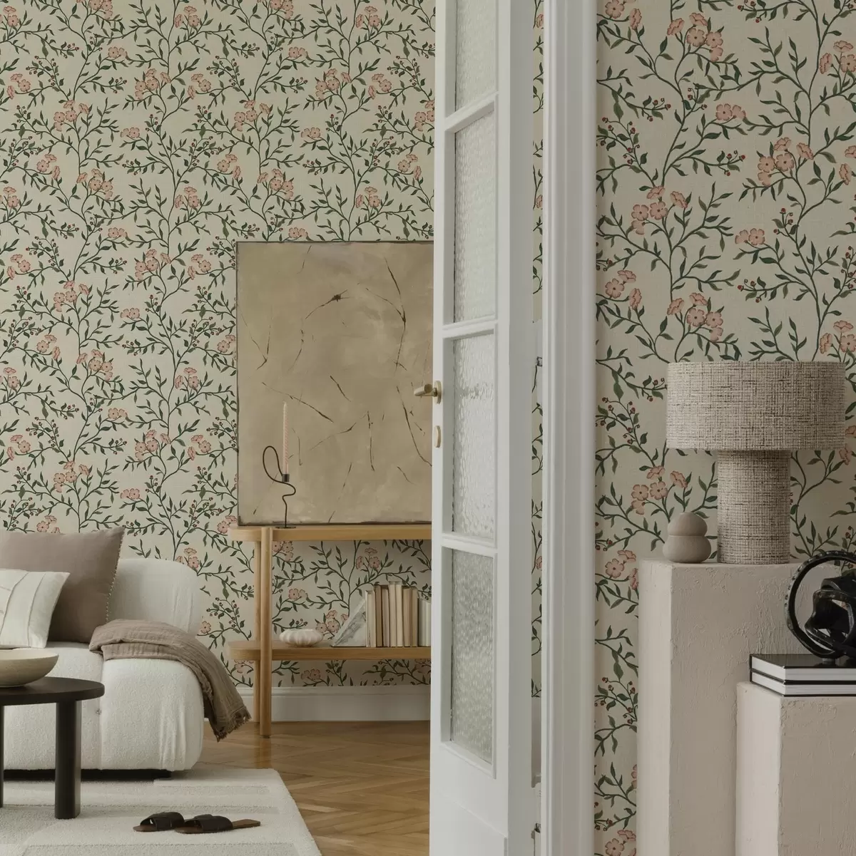 Wallpaper Openwork branches with coral flowers, floral pattern a00221