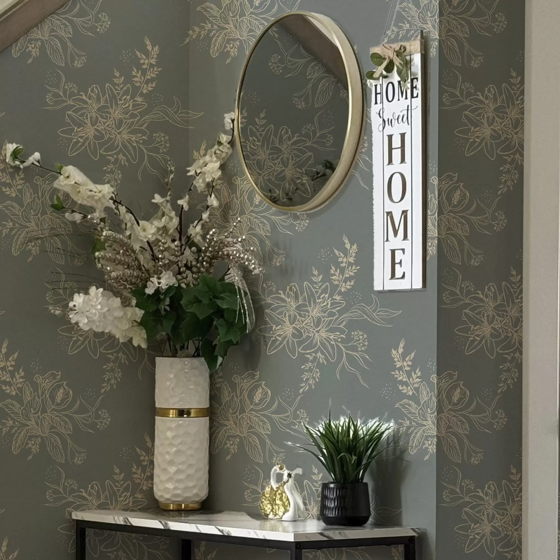 murales Flores de contorno sobre fondo gris azulado, elegante motivo botánico a00226