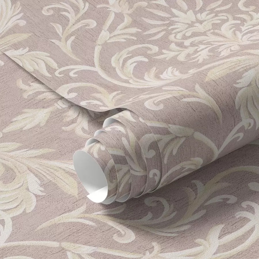 peintures murales Damas classique sur fond rose, motif baroque a00227