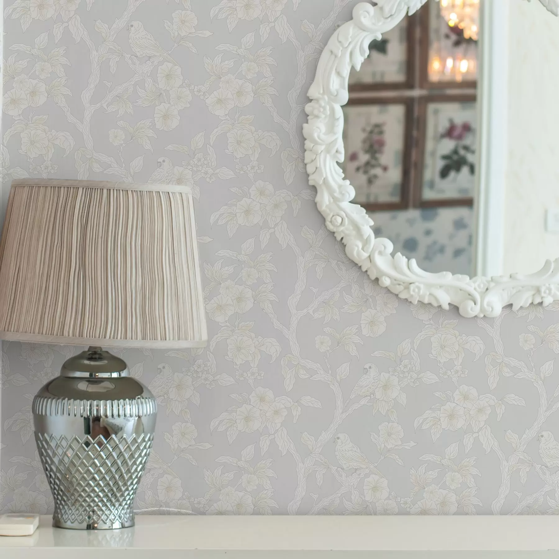 wall murals Light pattern of birds on branches, pastel palette, classic a00230