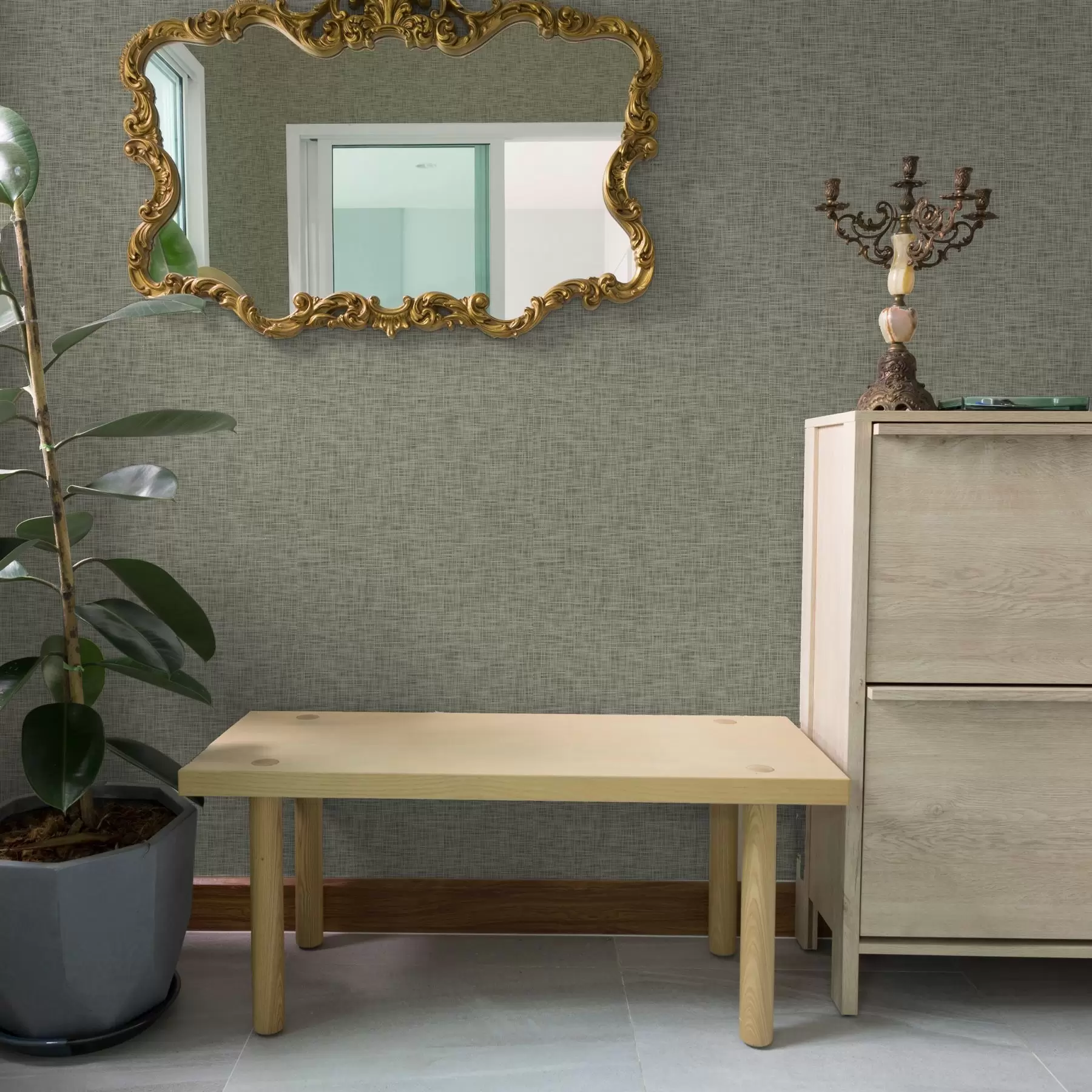 murales Textura de tejido gris verdoso, motivo de rejilla de lino a00235