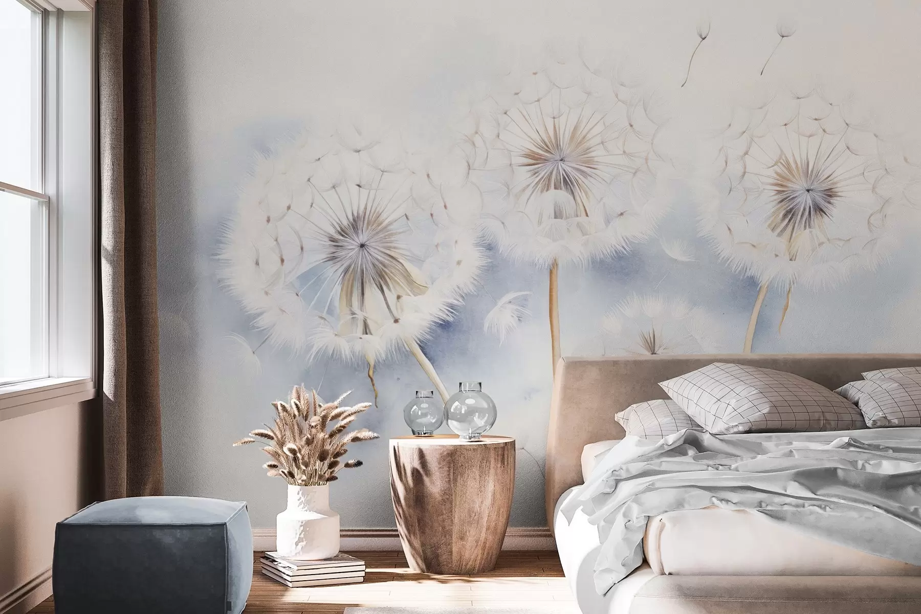 peintures murales Pissenlits texturés avec des graines flottant dans l'air, fond bleu clair et blanc, style de dessin doux et délicat w09190