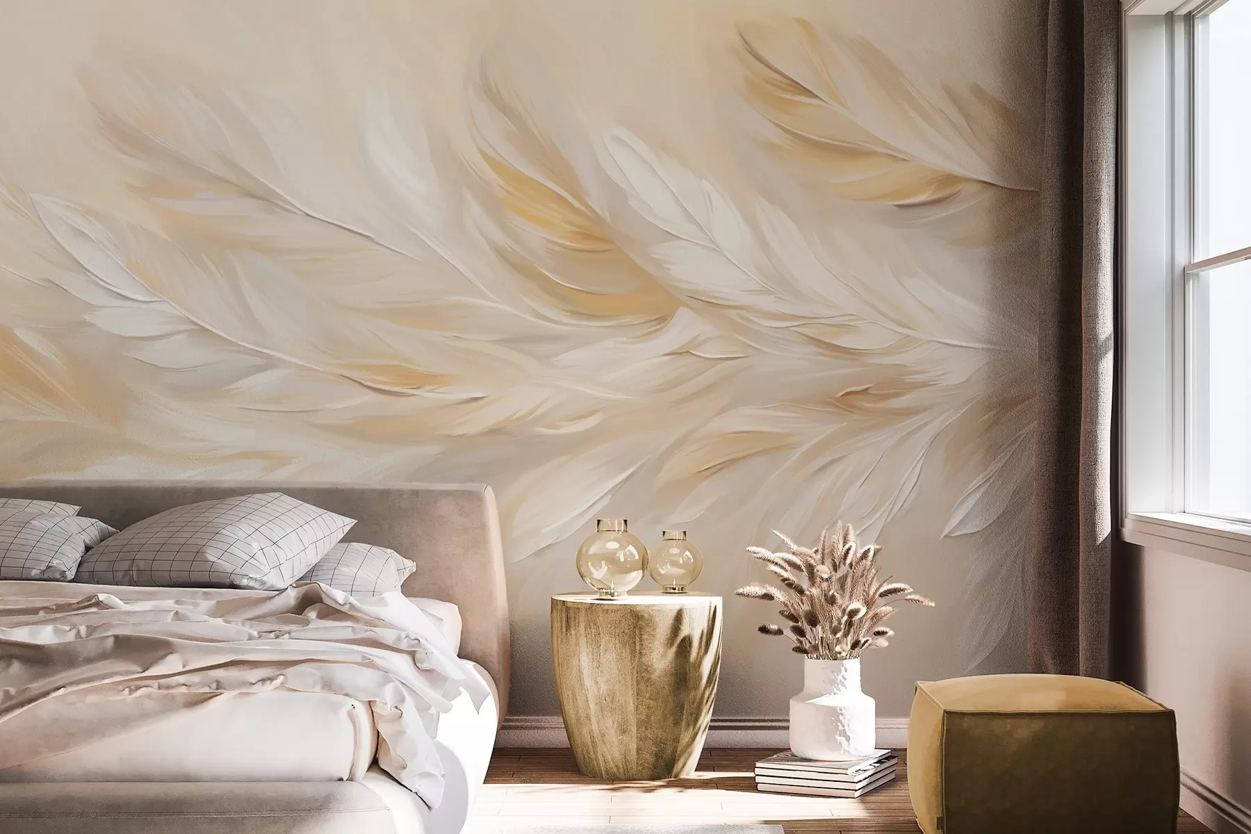 wall murals White and beige feathers arranged in a flowing print, soft texture, warm color palette, abstract background w09191