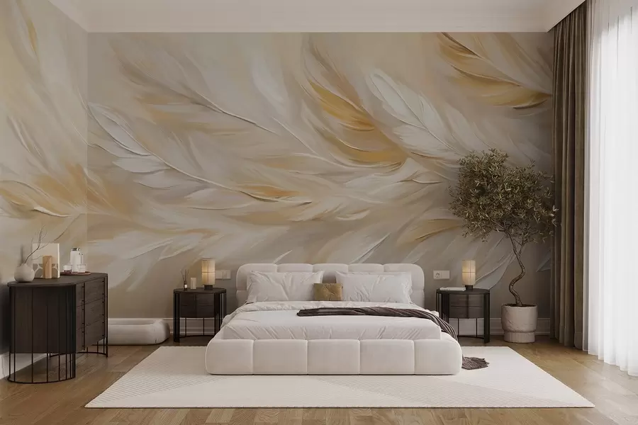 wall murals White and beige feathers arranged in a flowing print, soft texture, warm color palette, abstract background w09191