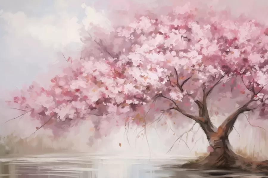 peintures murales Abstrait : arbre à fleurs roses en pleine floraison, près d'une rivière, coups de pinceau doux et texturés et couleurs pastel w09193