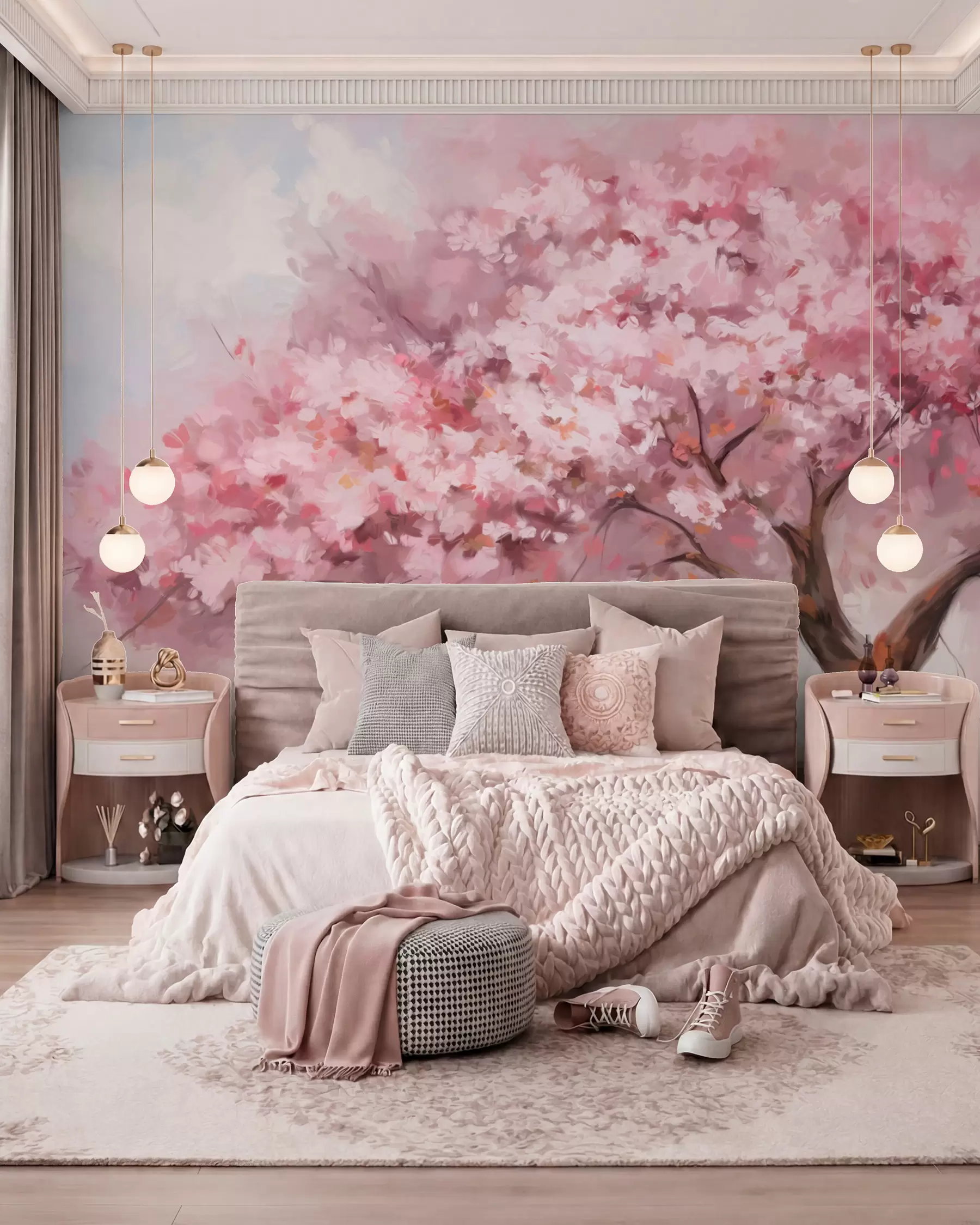 murales Abstracto árbol en flor rosa en plena floración, junto a un río, pinceladas de textura suave y colores pastel w09193