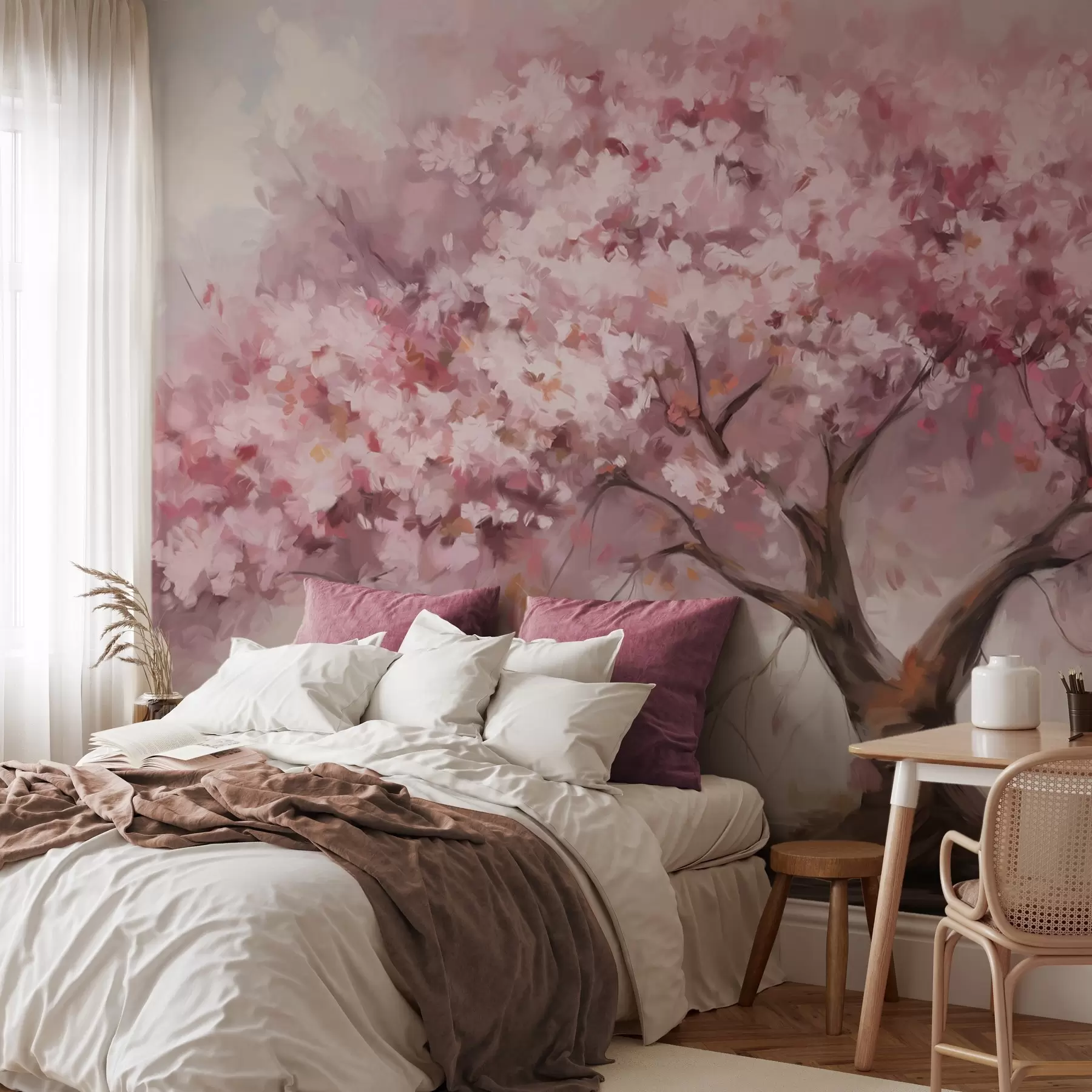 murais de parede Árvore abstrata de flores cor-de-rosa em plena floração, junto a um rio, com pinceladas de textura suave e cores pastel w09193