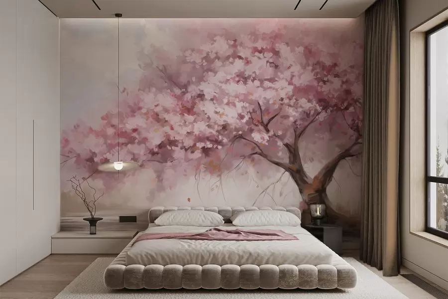 murales Abstracto árbol en flor rosa en plena floración, junto a un río, pinceladas de textura suave y colores pastel w09193