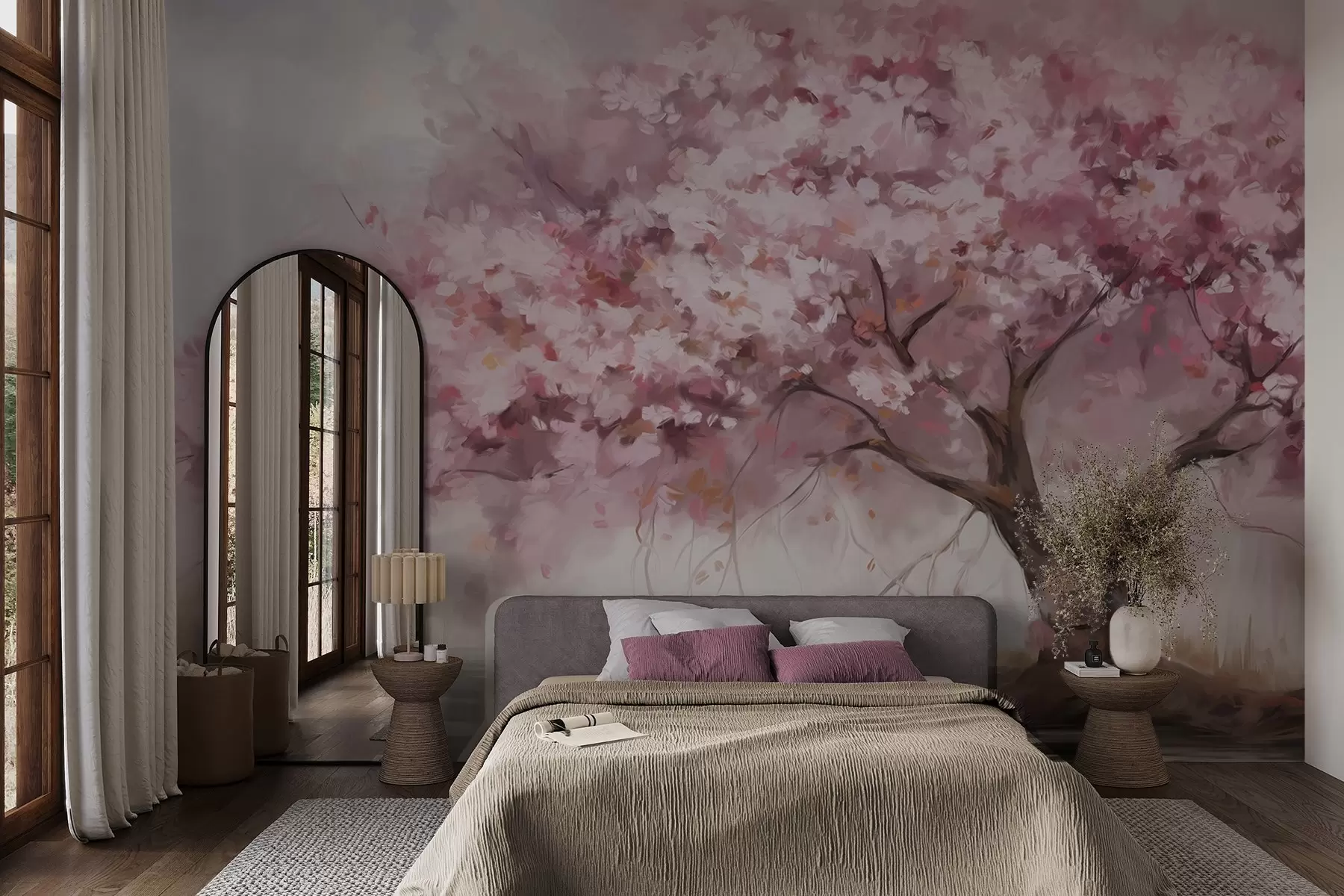 wall murals Abstract pink blossom tree in full bloom, next to a river, soft textured brushstrokes and pastel colors w09193