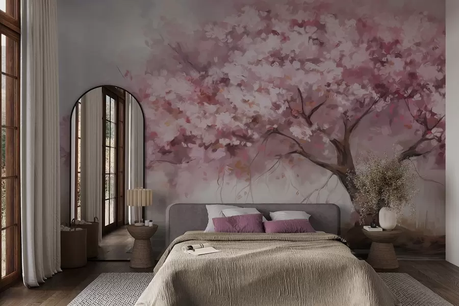 Wall Mural Photo Wallpaper Abstract pink blossom tree in full bloom, next to a river, soft textured brushstrokes and pastel colors w09193