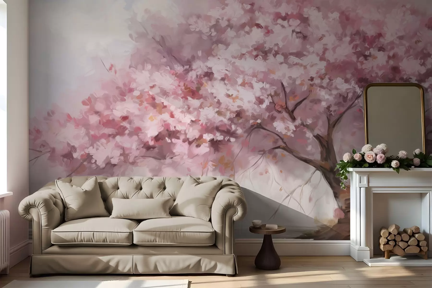 Wall Mural Photo Wallpaper Abstract pink blossom tree in full bloom, next to a river, soft textured brushstrokes and pastel colors w09193