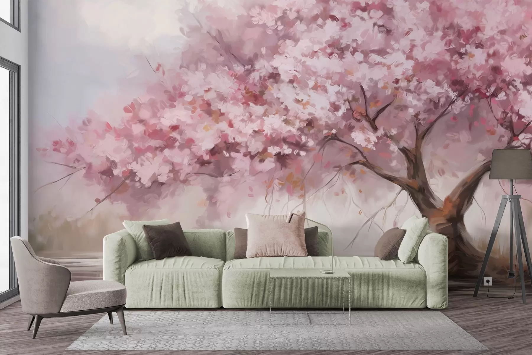 wall murals Abstract pink blossom tree in full bloom, next to a river, soft textured brushstrokes and pastel colors w09193