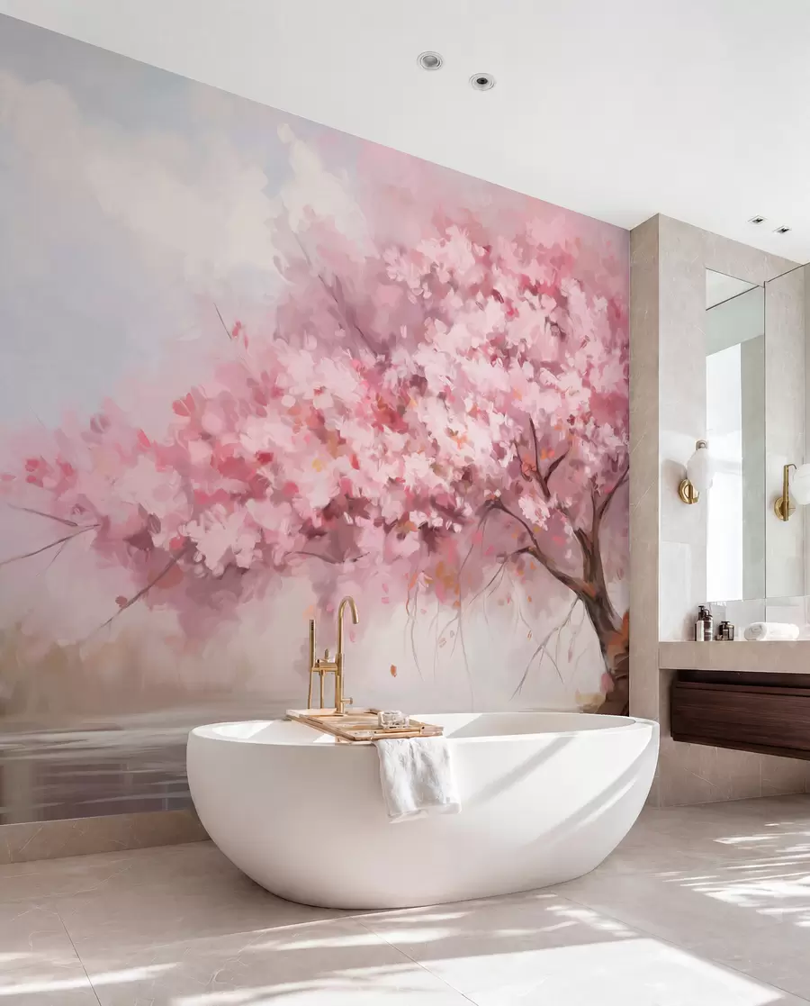 wall murals Abstract pink blossom tree in full bloom, next to a river, soft textured brushstrokes and pastel colors w09193