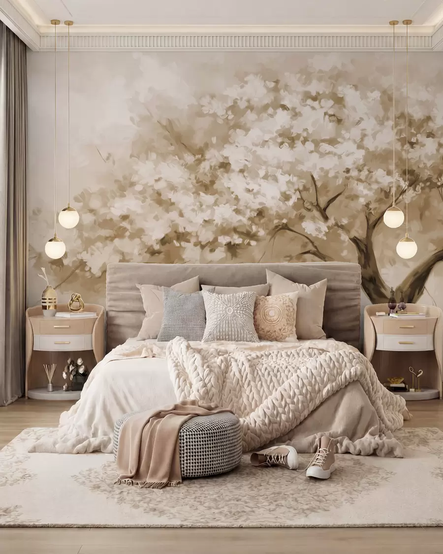 wall murals Abstract beige blossom tree in full bloom, next to a river, soft textured brushstrokes and pastel colors w09193v1