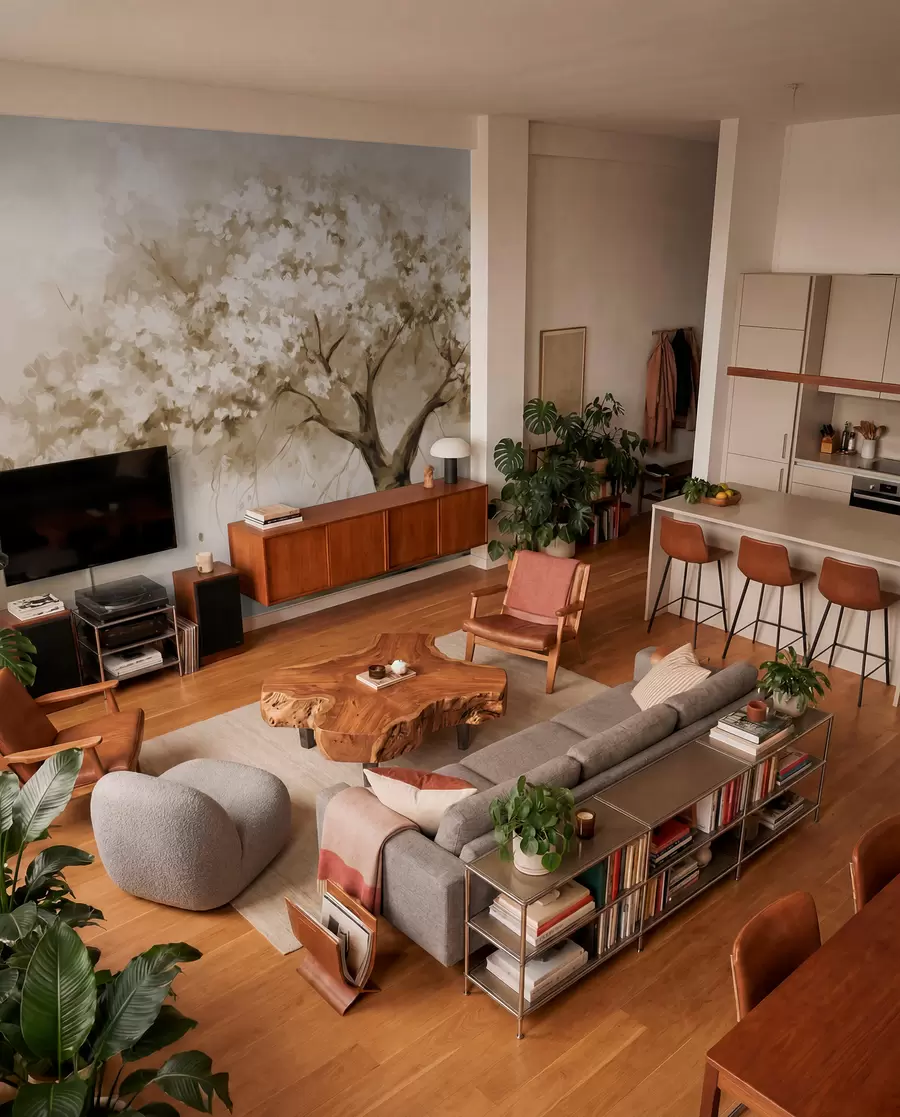 wall murals Abstract beige blossom tree in full bloom, next to a river, soft textured brushstrokes and pastel colors w09193v1