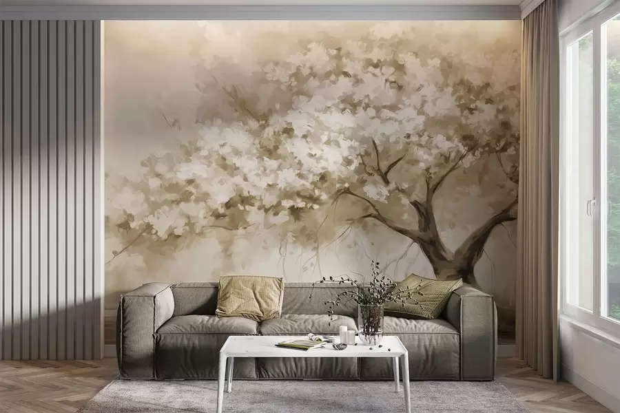 Wall Mural Photo Wallpaper Abstract beige blossom tree in full bloom, next to a river, soft textured brushstrokes and pastel colors w09193v1