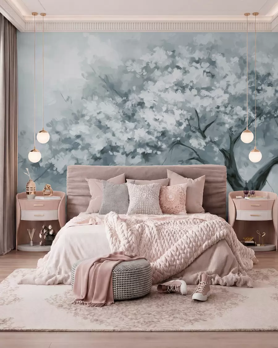 wall murals Abstract muted blue blossom tree in full bloom, next to a river, soft textured brushstrokes and pastel colors w09193v2