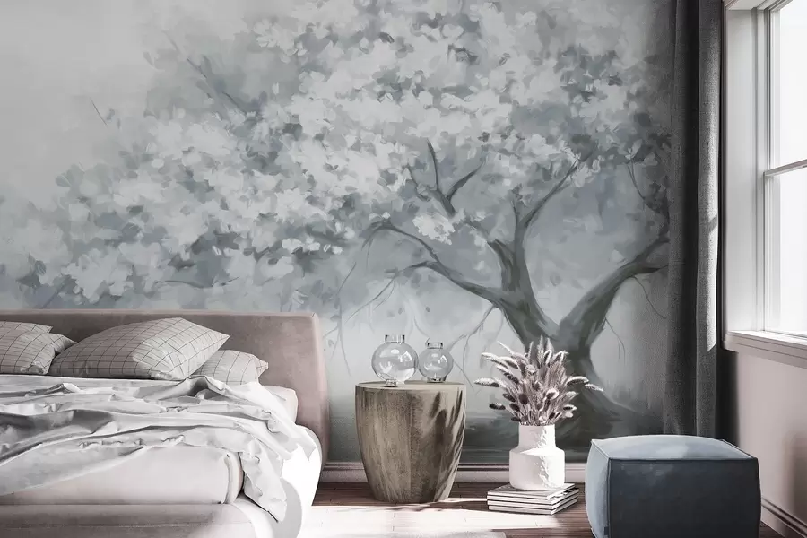 Wall Mural Photo Wallpaper Abstract muted blue blossom tree in full bloom, next to a river, soft textured brushstrokes and pastel colors w09193v2