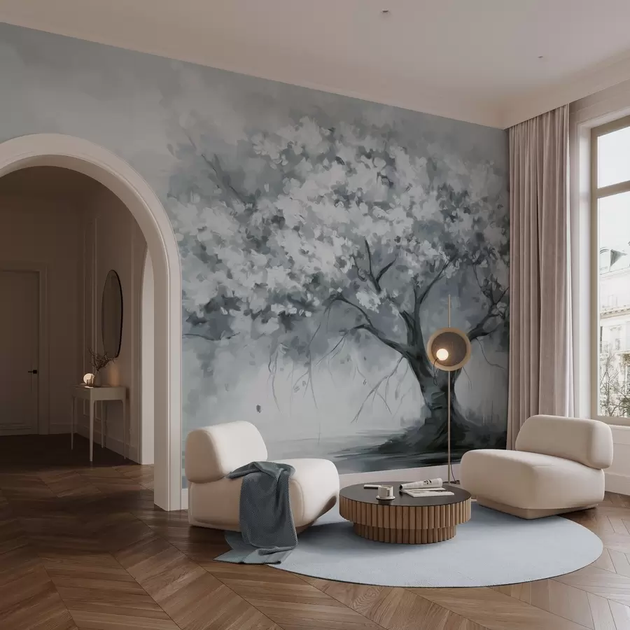 Wall Mural Photo Wallpaper Abstract muted blue blossom tree in full bloom, next to a river, soft textured brushstrokes and pastel colors w09193v2