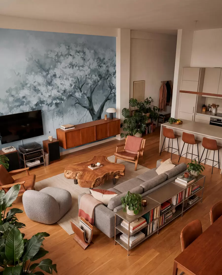 wall murals Abstract muted blue blossom tree in full bloom, next to a river, soft textured brushstrokes and pastel colors w09193v2