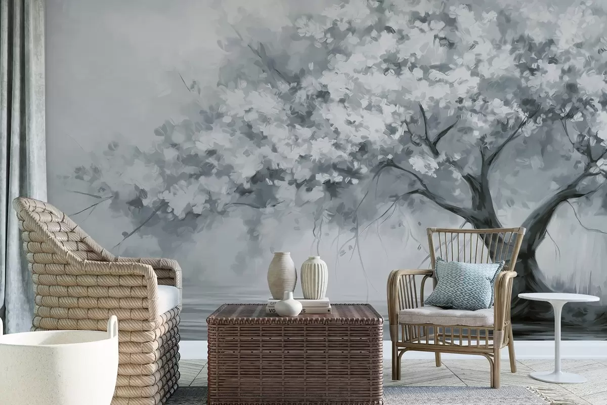 Wall Mural Photo Wallpaper Abstract muted blue blossom tree in full bloom, next to a river, soft textured brushstrokes and pastel colors w09193v2