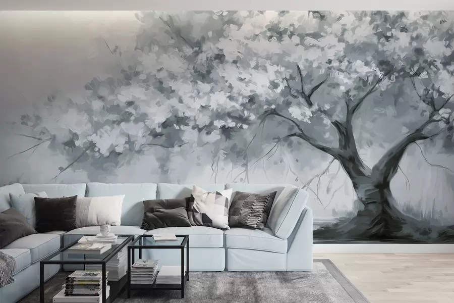 murales Abstracto árbol en flor azul apagado en plena floración, junto a un río, pinceladas de textura suave y colores pastel w09193v2