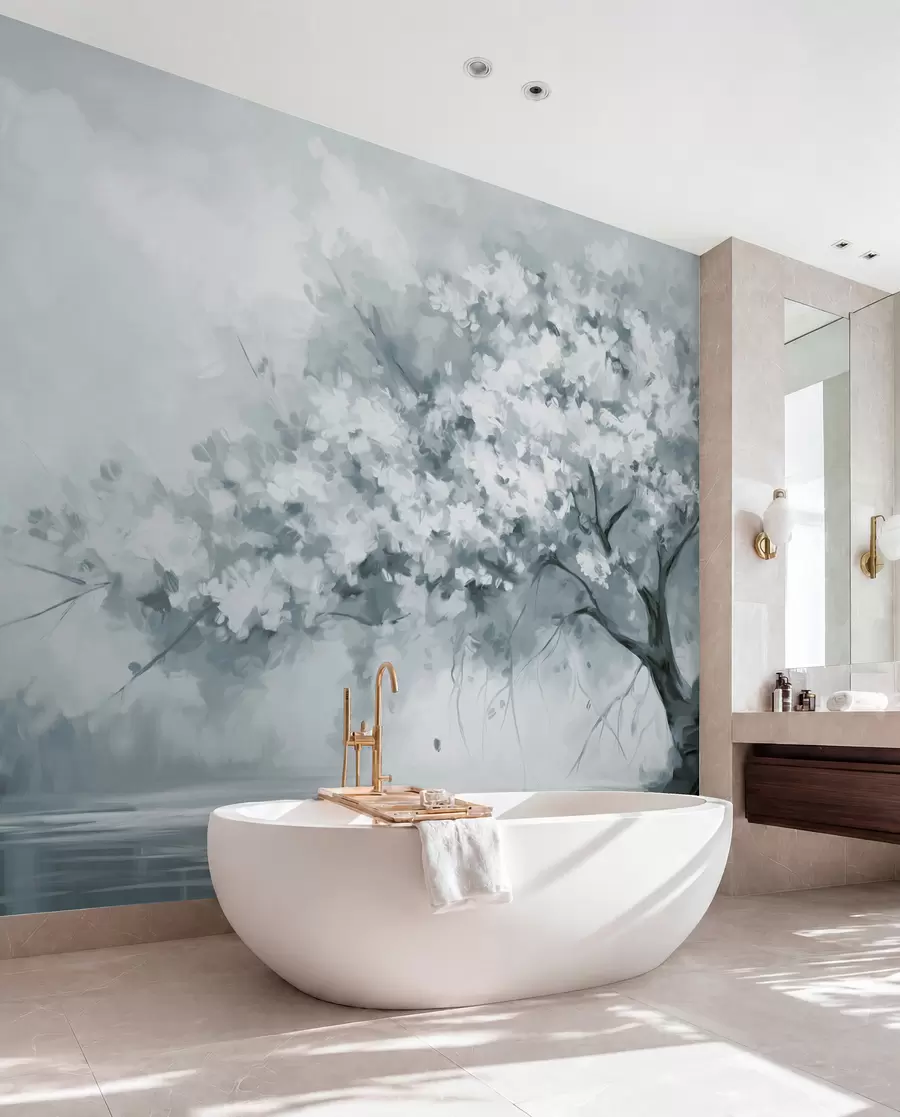wall murals Abstract muted blue blossom tree in full bloom, next to a river, soft textured brushstrokes and pastel colors w09193v2
