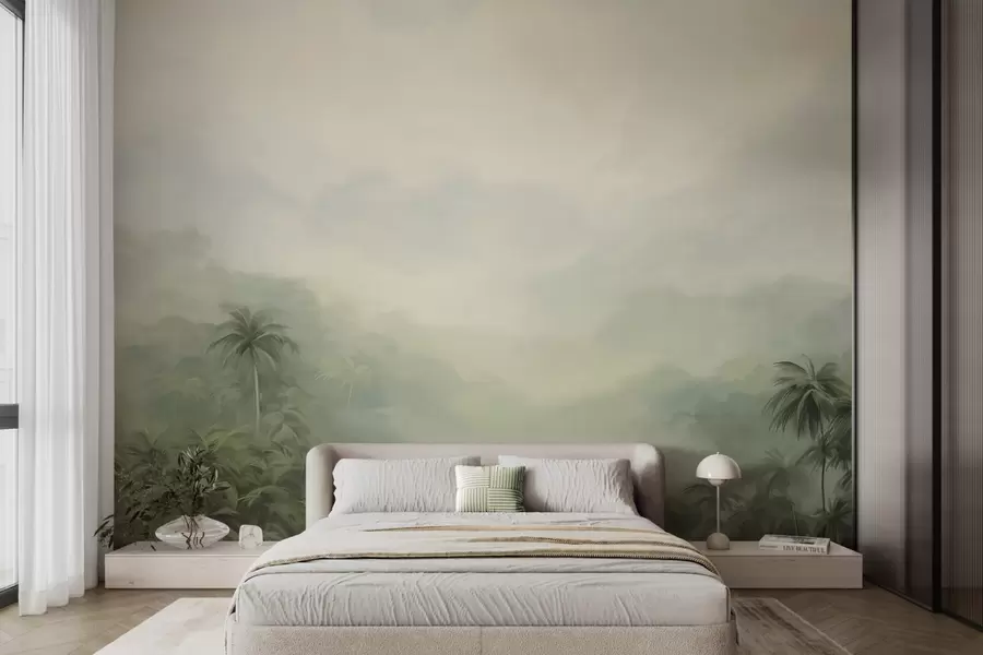 Wall Mural Photo Wallpaper Gungle landscape with lush green palm trees and rolling hills , soft pastel colors, textured painting imitation w09194