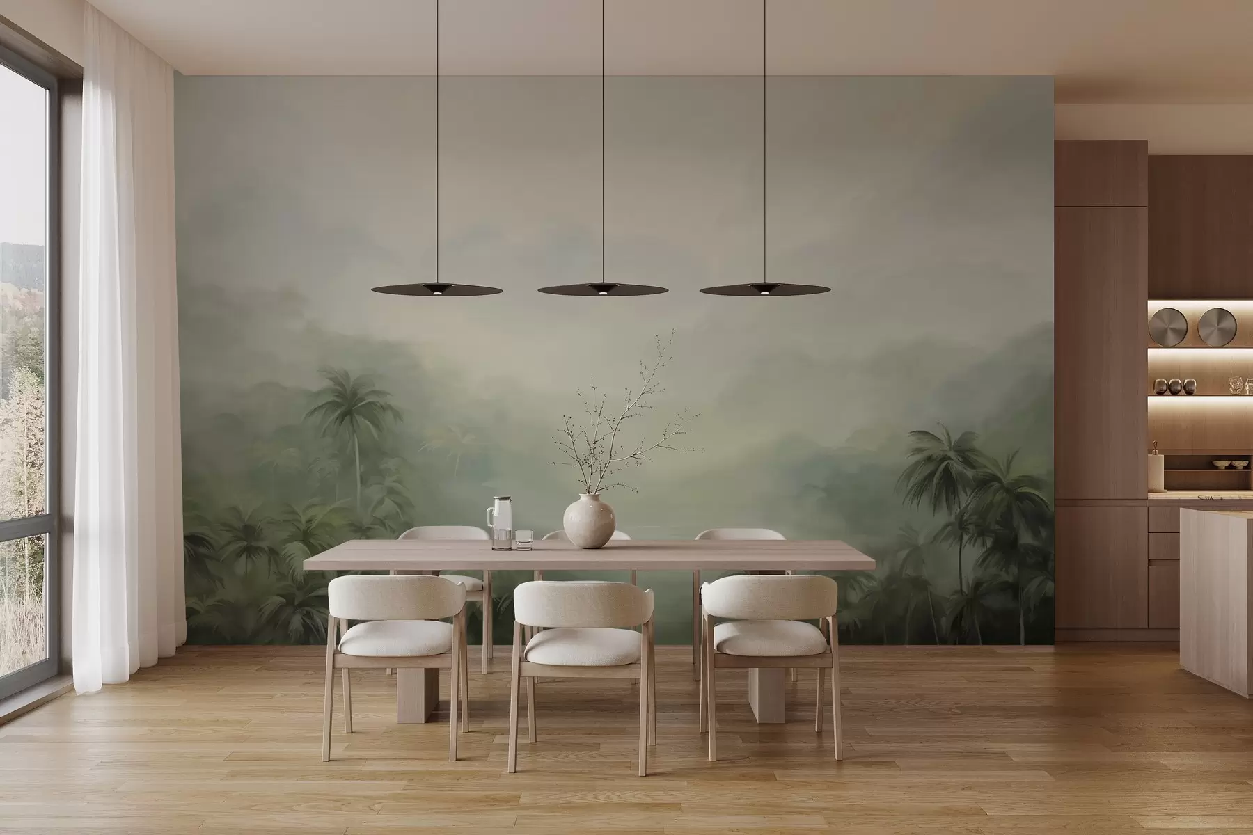 wall murals Gungle landscape with lush green palm trees and rolling hills , soft pastel colors, textured painting imitation w09194