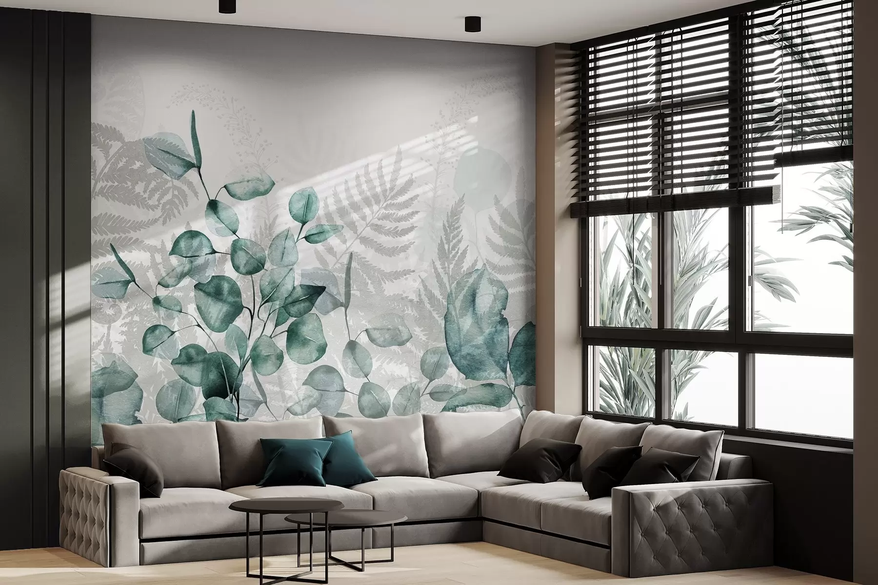 murales Hojas de eucalipto y helecho en tonos verdes y grises, efecto acuarela , ilustración botánica w09197