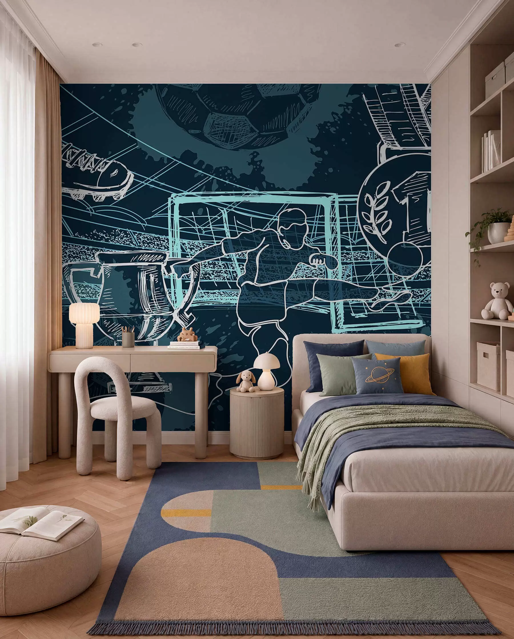 Wall Mural Photo Wallpaper Football Sketch on Navy w04108v2