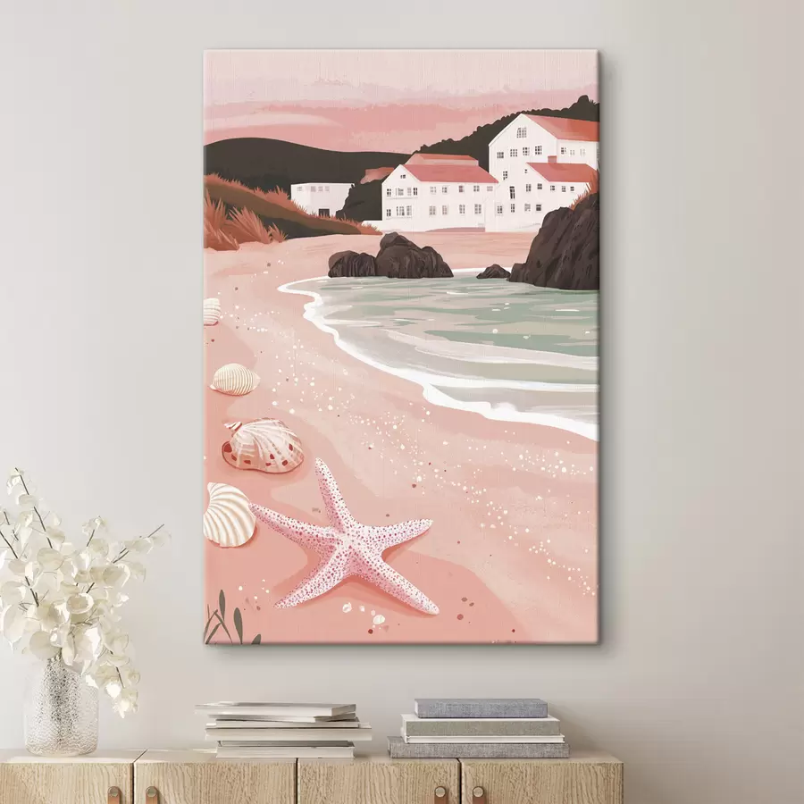 wall murals Cozy pink beach with white houses and sea shells  s44713