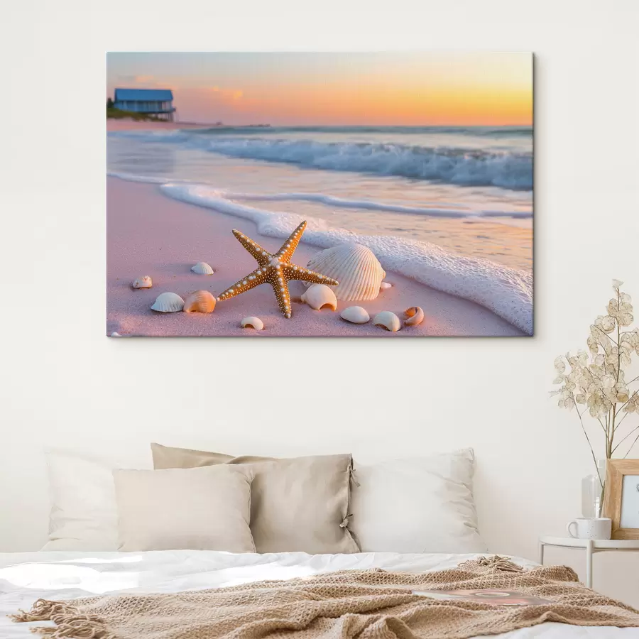 wall murals Sea coast with starfish, sea shells and waves s44714