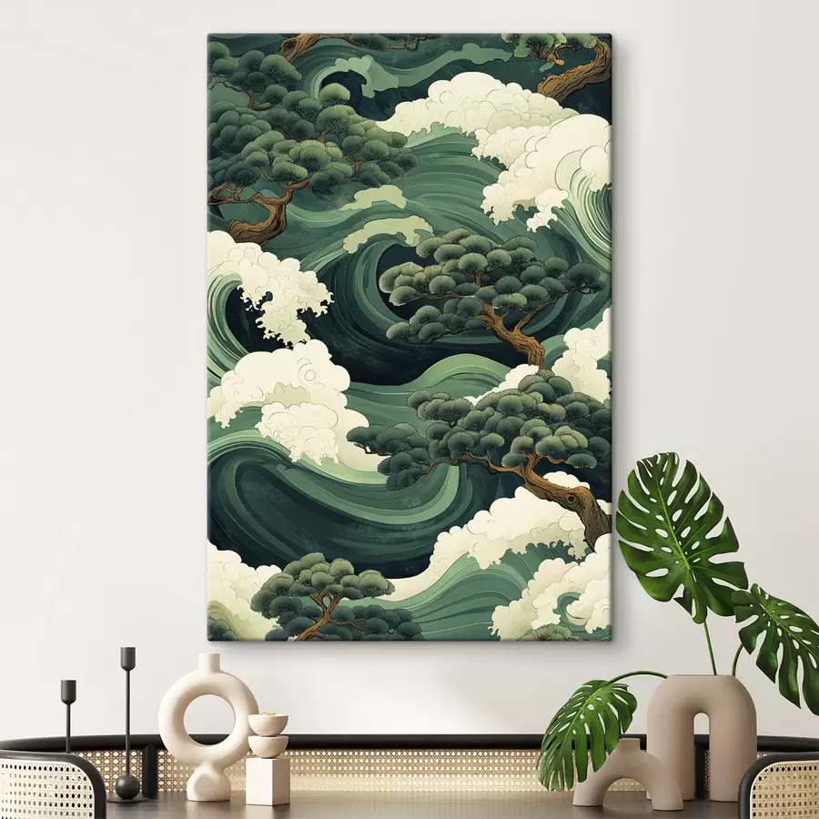 wall murals Chinese style drawing with sea waves and pine trees s44719