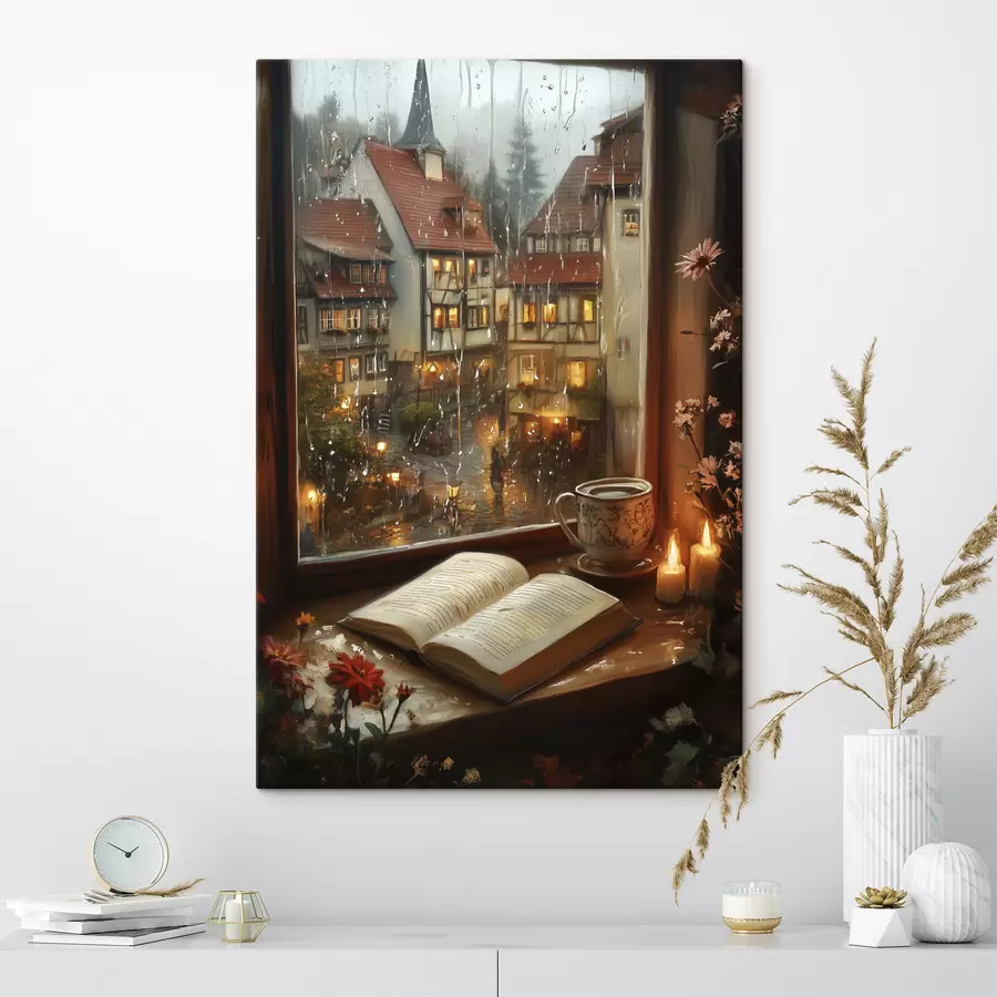 murales Libro en el alféizar, velas, día lluvioso, acogedor s44722
