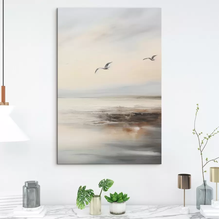 wall murals Pastel landscape with flying seagulls s44763