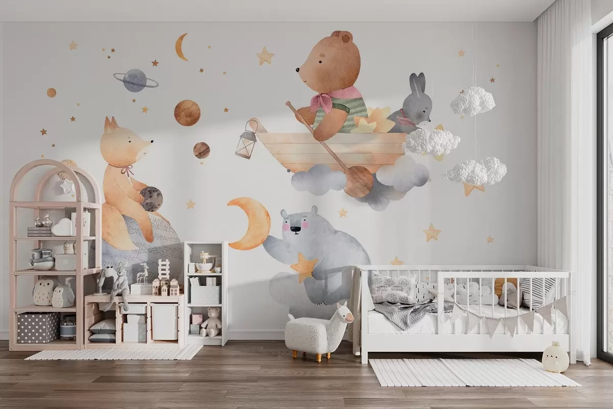 Wall Mural Photo Wallpaper Fairytale animals among clouds and stars w04123