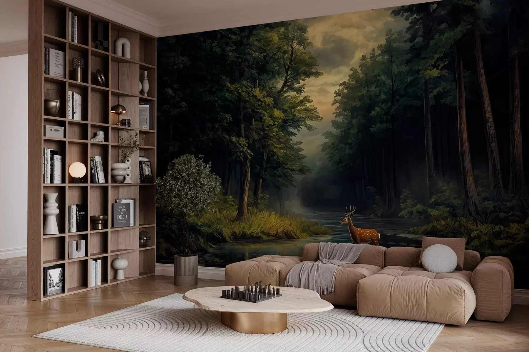 Wall Mural Photo Wallpaper Forest with deer and river in the style of Dutch oil painting w04072