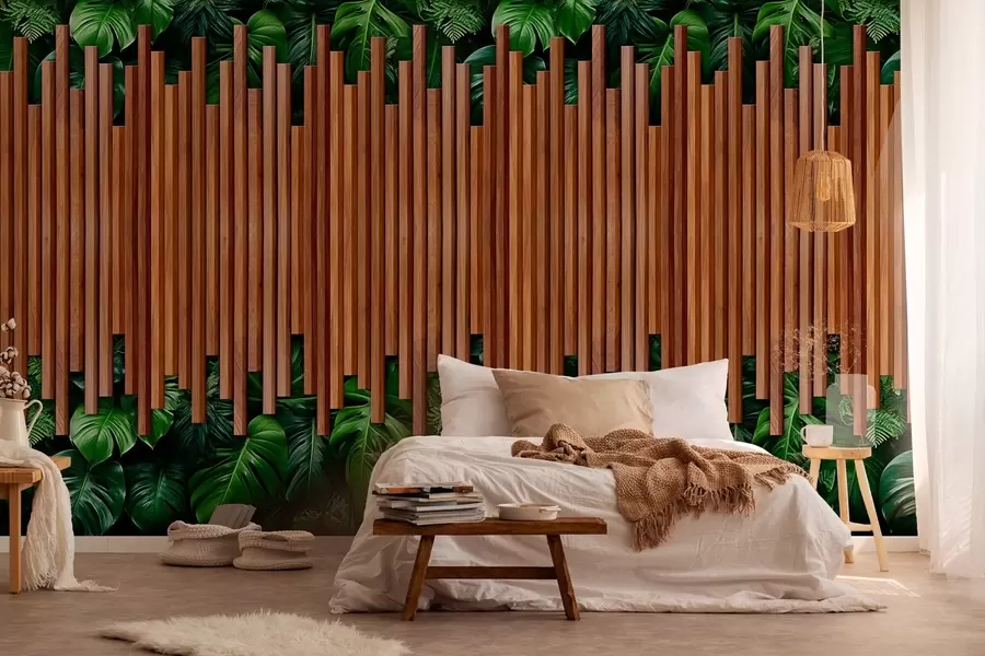 wall murals Imitation of wooden panels and green wall w04138