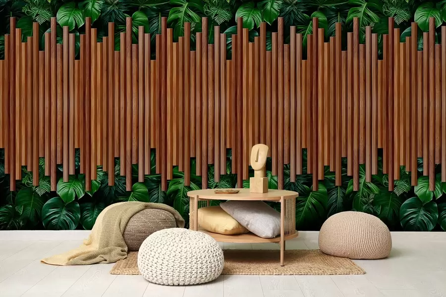 wall murals Imitation of wooden panels and green wall w04138