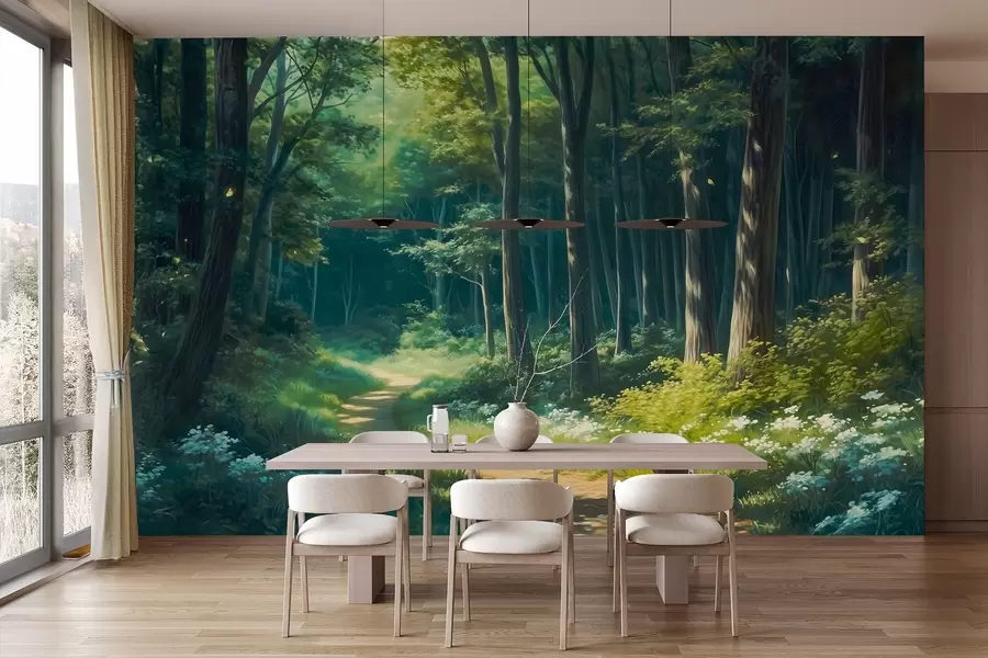 wall murals Green forest with gentle sunlight, trees and white flowers, oil style drawing w04118