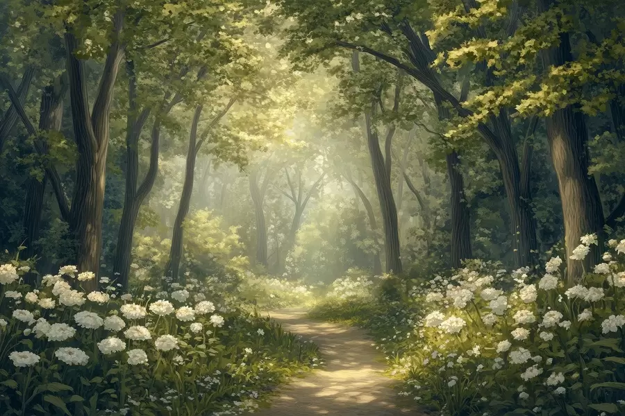 wall murals Path in the green forest, white flowers, sunlight, acrylic style drawing w04119