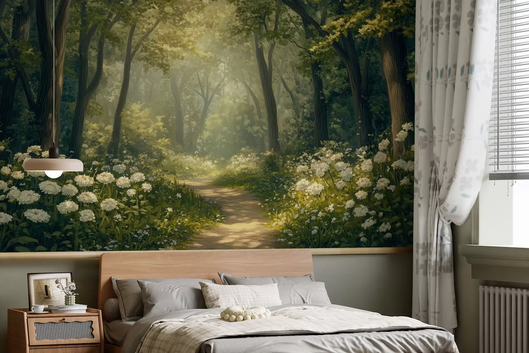 wall murals Path in the green forest, white flowers, sunlight, acrylic style drawing w04119
