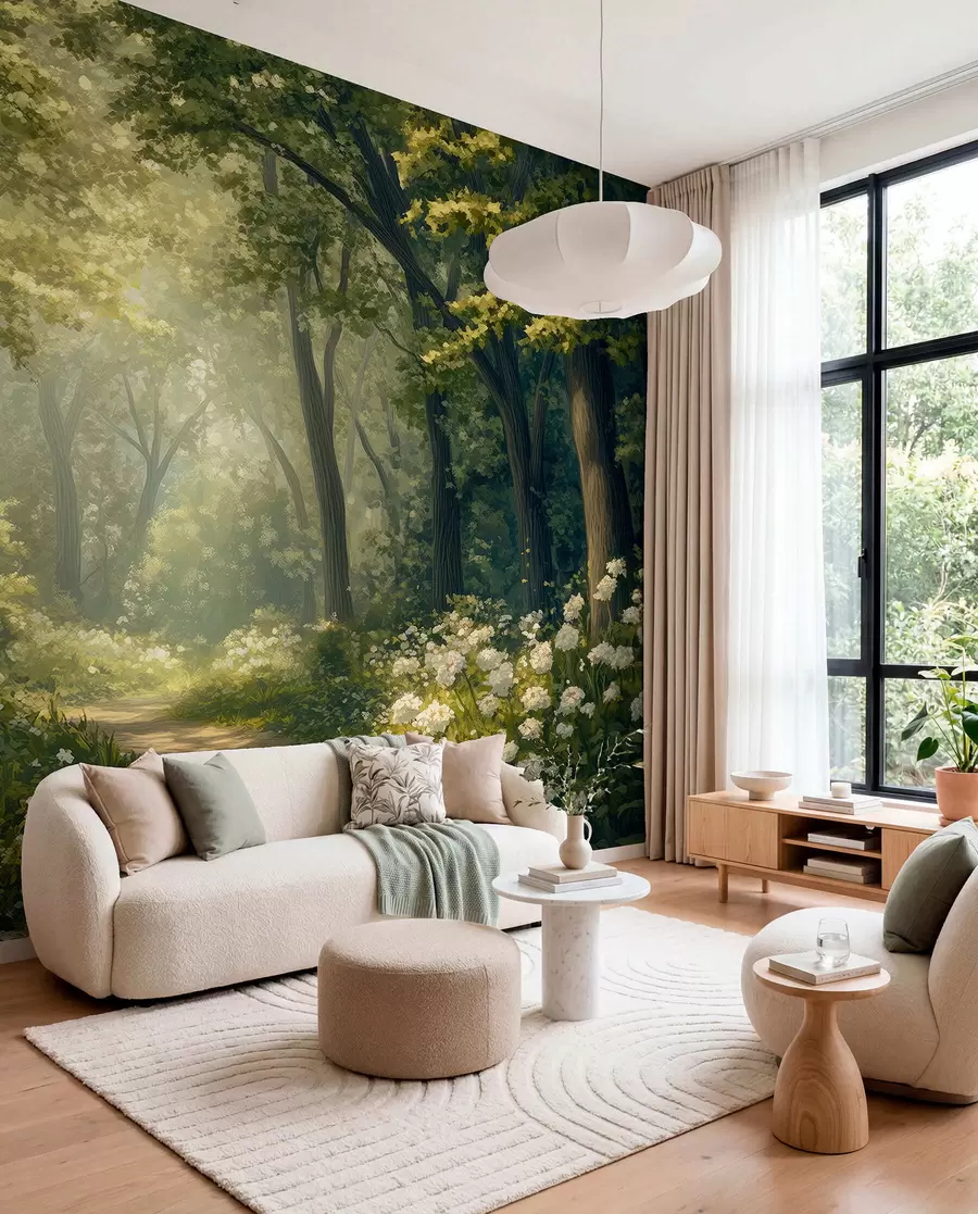 Wall Mural Photo Wallpaper Path in the green forest, white flowers, sunlight, acrylic style drawing w04119