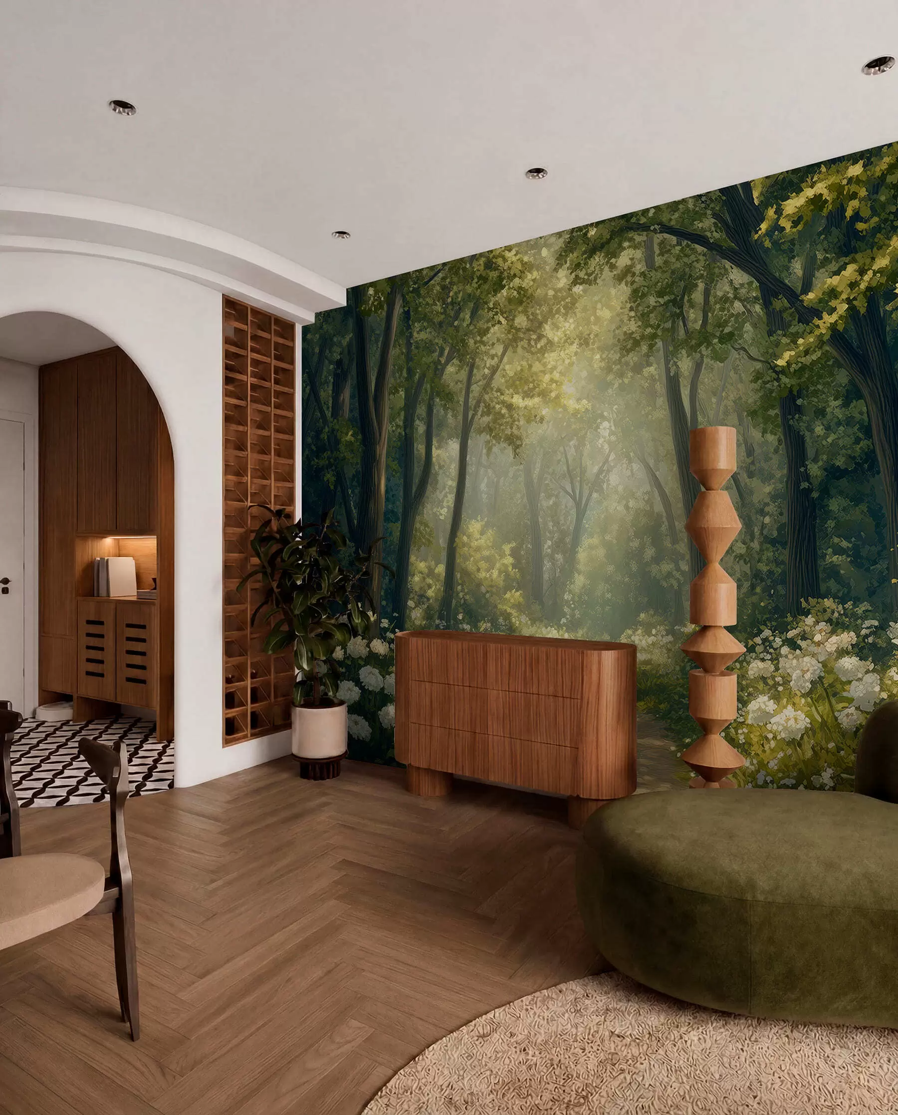 Wall Mural Photo Wallpaper Path in the green forest, white flowers, sunlight, acrylic style drawing w04119