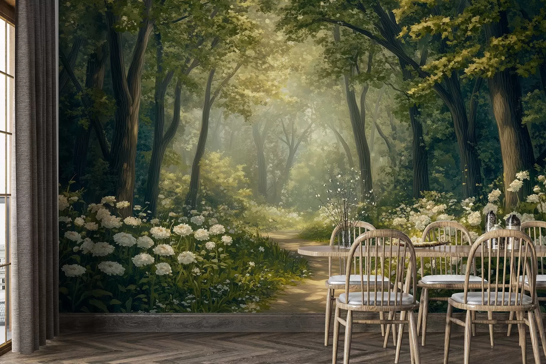 murales Sendero en el bosque verde, flores blancas, luz del sol, dibujo estilo acrílico w04119