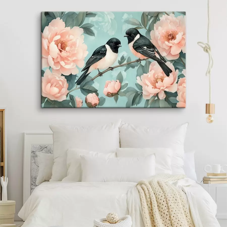 wall murals Two birds on the branch with peonies  s44786