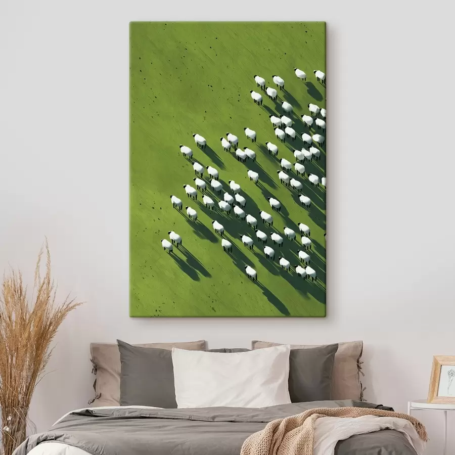 wall murals Green field with a flock of sheep, abstraction, aerial view s44793