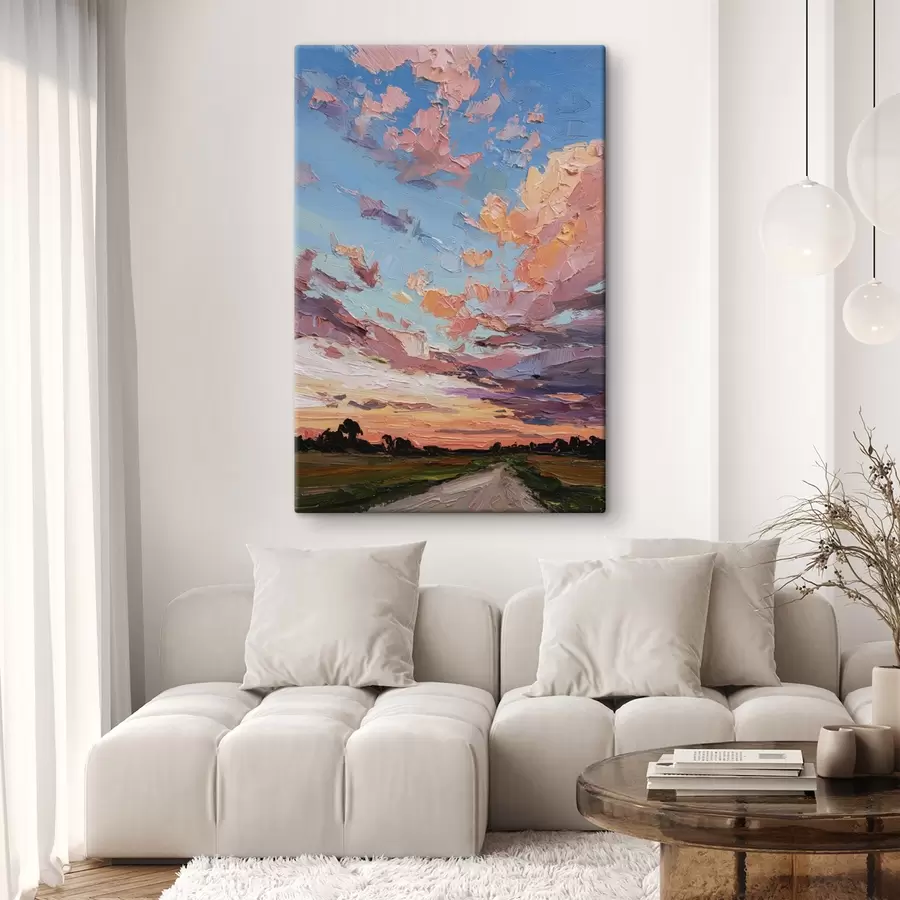 murales Cielo al atardecer, camino en el campo, pinceladas vivas, imitación al óleo s44795